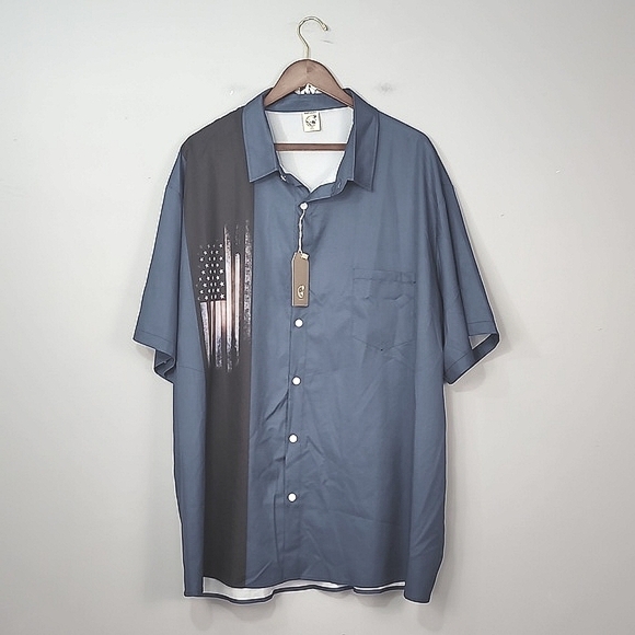 Hardaddy Men's American Flag Navy Blue Short Sleeve Button-Up Collar Shirt - Picture 2 of 10